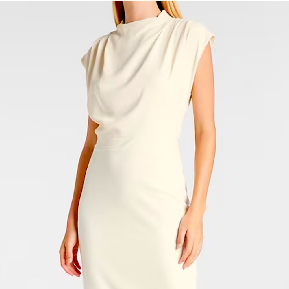 Ivory Draped Mock Neck Midi Sheath Dress